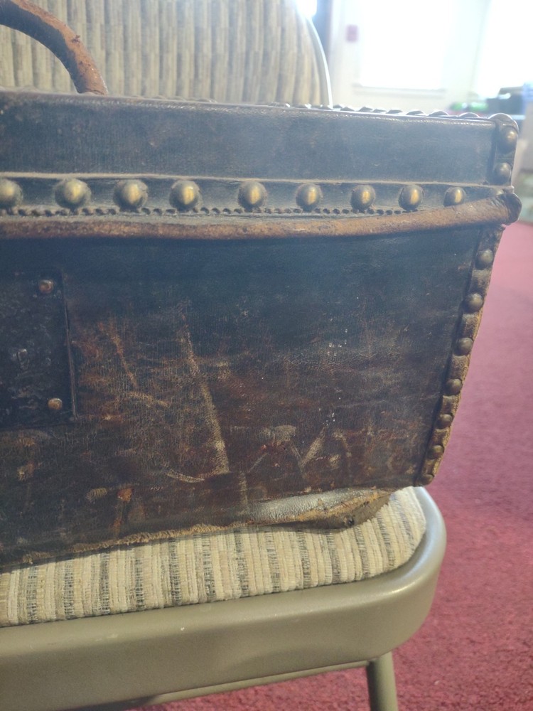 1820s Pre War Boston Robert Burr BLACK LEATHER w BRASS STUDS TRUNK Document BOX