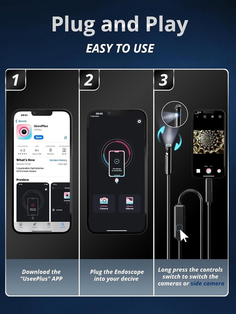 7mm endoscope camera with USB interface, 6 adjustable LED lights Type C/Micro US