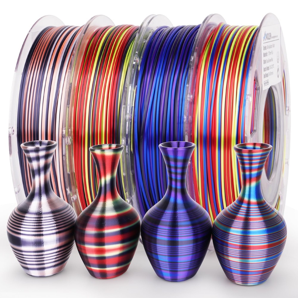 Silk PLA 3D Printer Filament Bundle, Shiny Multicolor Rainbow PLA Filament 1....