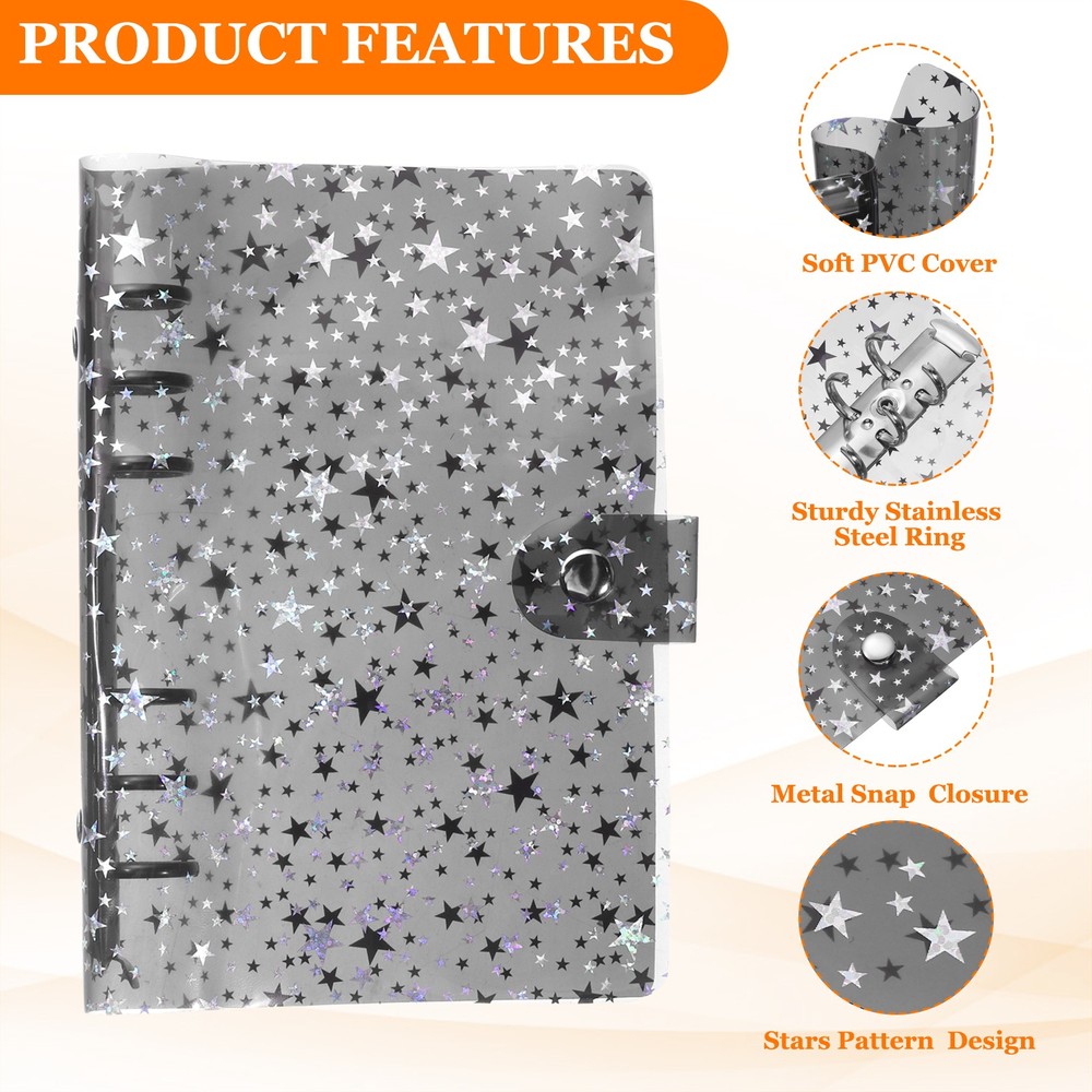 A6 Binder Cover, 2 Pcs Stars Refillable Notebook Shell with Snap Button, Black