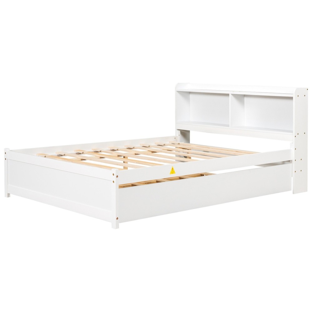 Full Size Bed Frame Wood Platform Bed w/ Trundle & Storage Headboard
