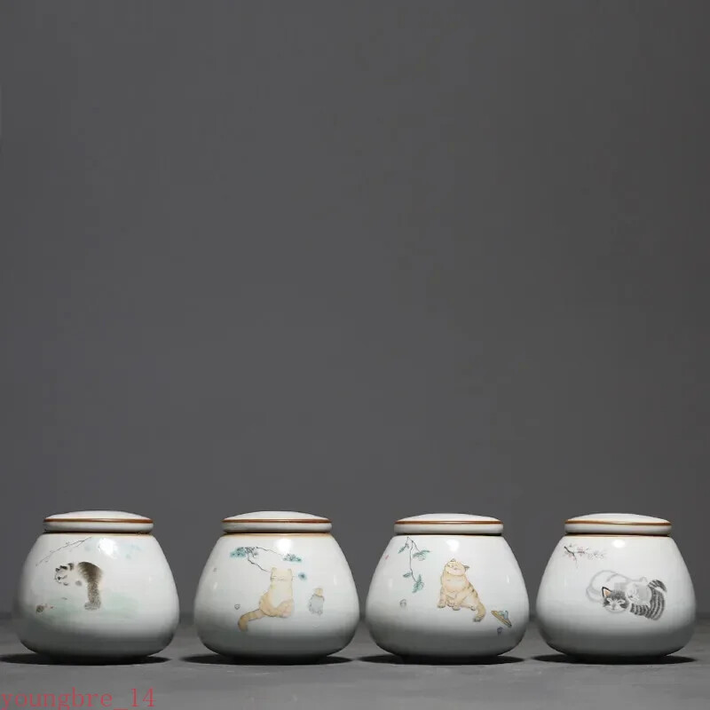 Ru Kiln Ceramics Tea Caddy Cute Cat Pattern Sealed Tea Leaf Container