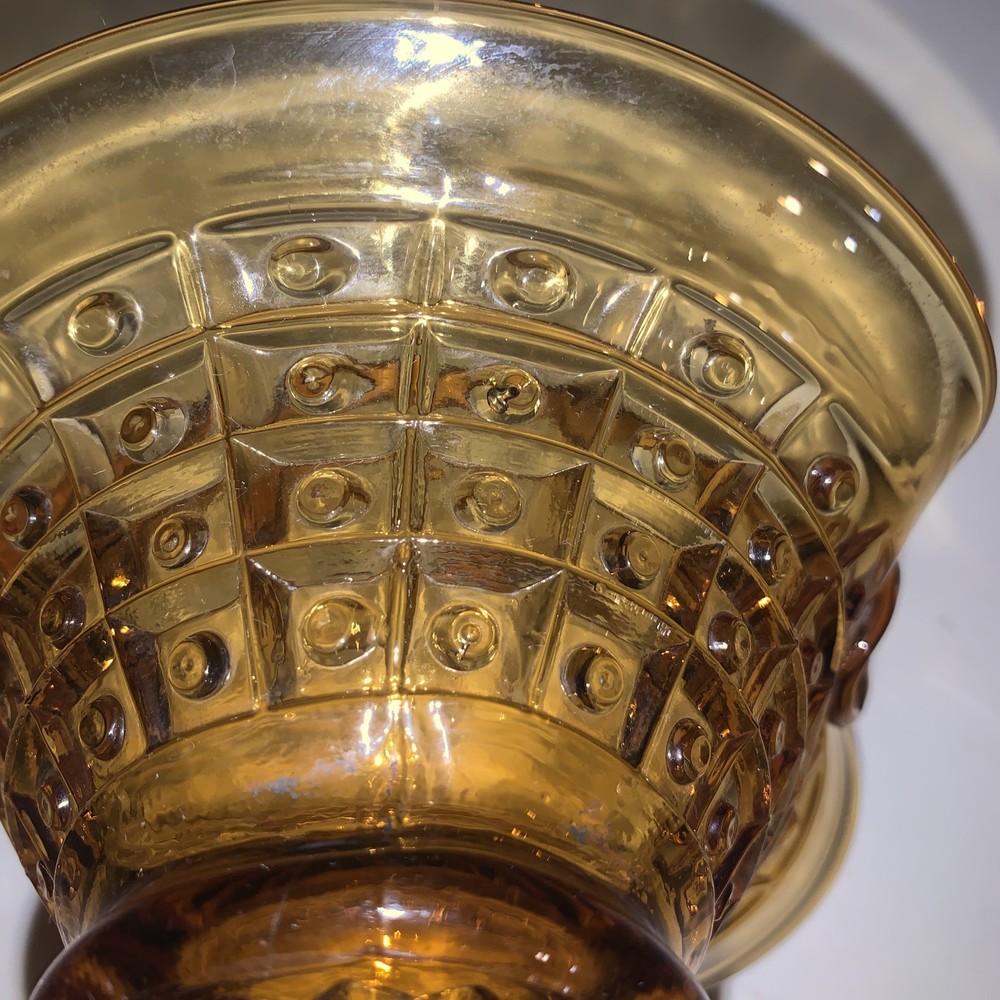 Basket Amber Pressed Depression Glass Square & Dot Pattern 5.5"