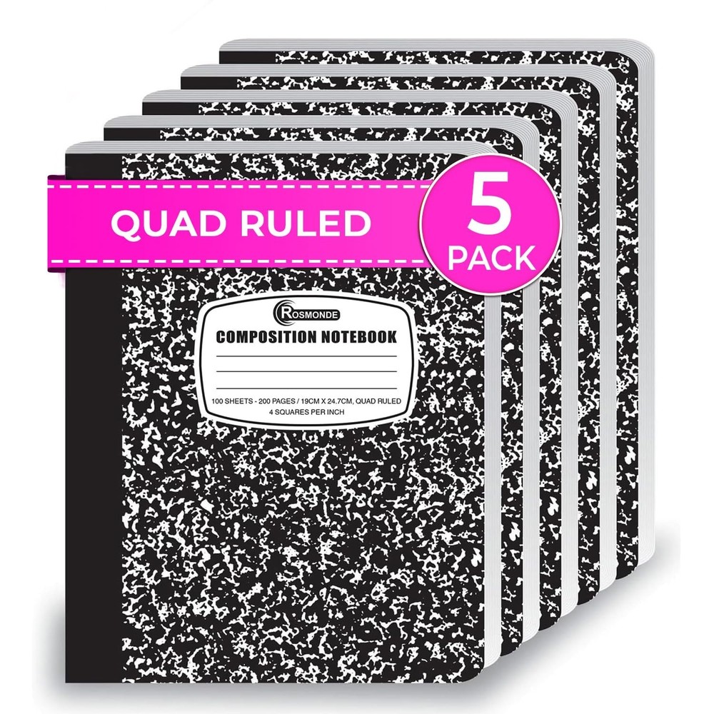 Rosmonde Graph Paper Composition Notebook, 5 Pack, 200 Pages (100 Sheets), Qu...