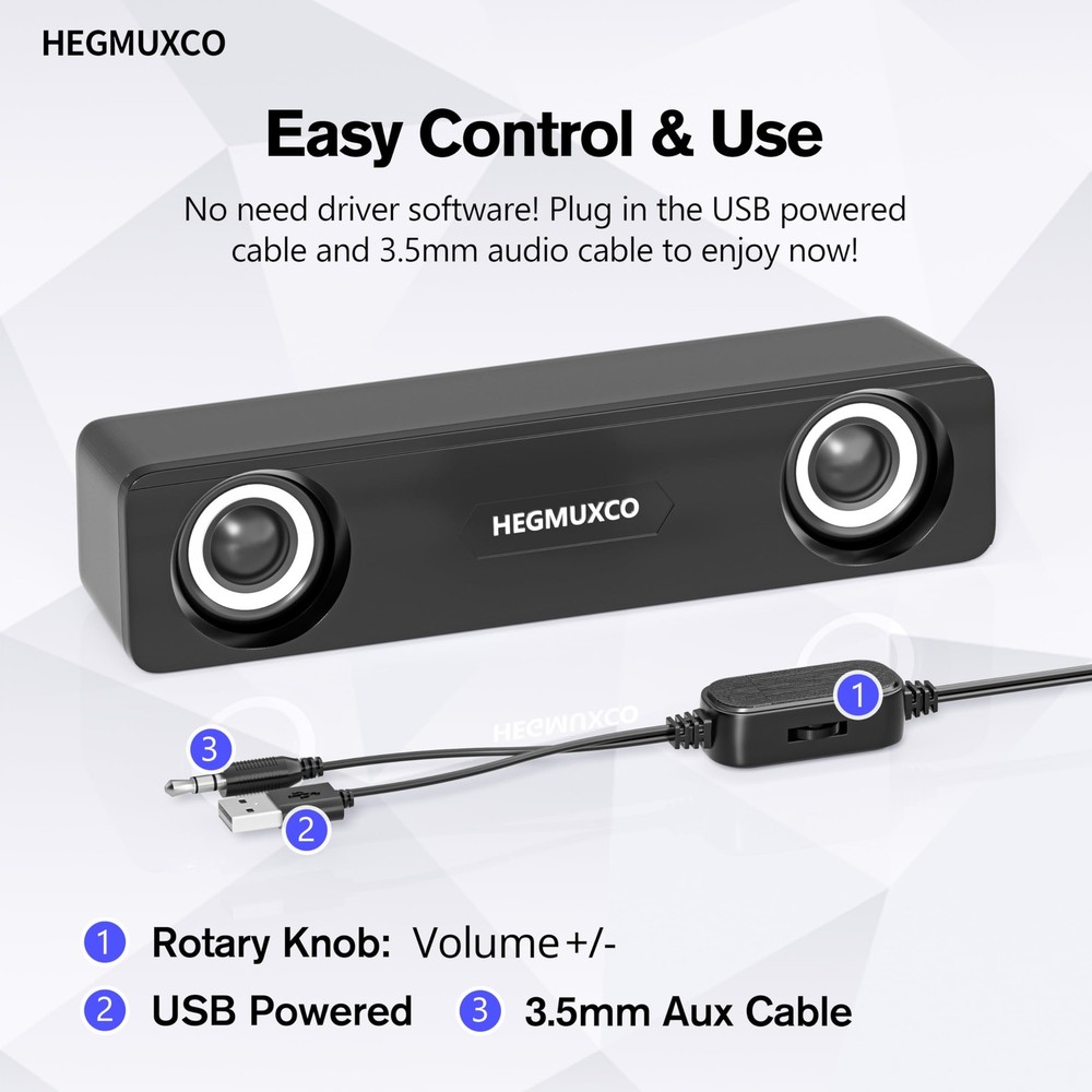 Compact PC Speakers for Desktop - 10W Wired Stereo Speaker with Volume Control