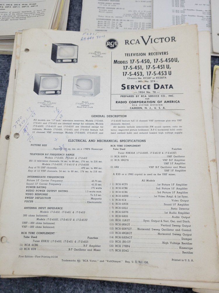 Vintage RCA Service Repair Technical Data Sheets Lot
