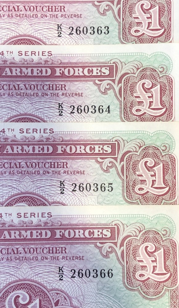 (4)x Great Britain British Armed Forces 1 Pound CONSECUTIVE SER. #'s Notes UNC!