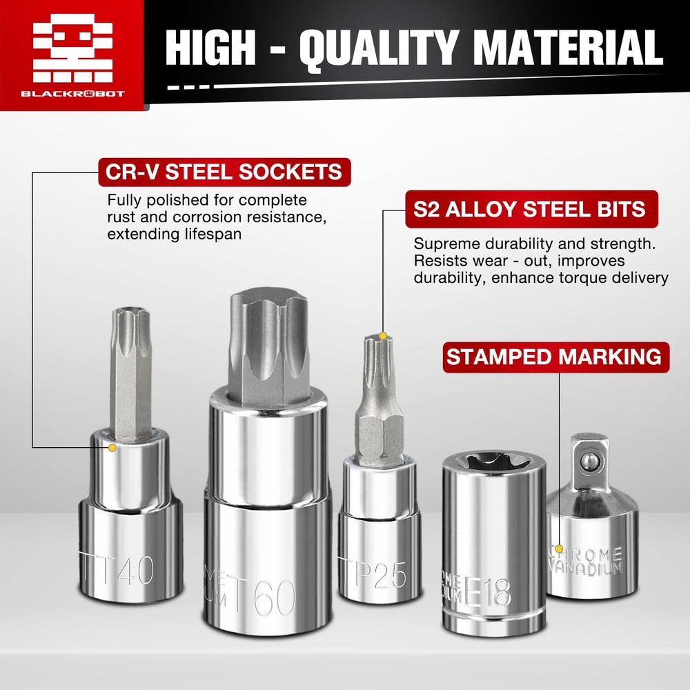 67-Piece Master Torx Bit Socket and E-Torx Socket Set, 1/4” 3/8” 1/2” Drive(E...