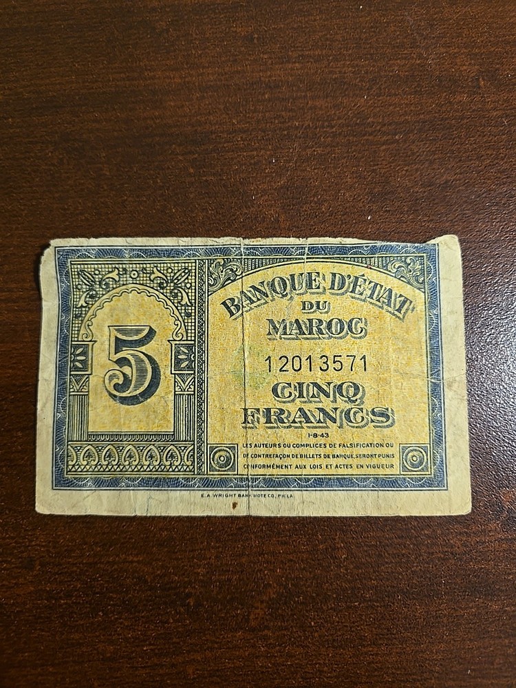 MOROCCO 5 FRANCS 1943