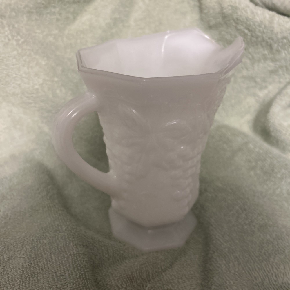 Vintage Octagon Shaped Milkglass Grape Pattern Footed Pitcher 6.5"