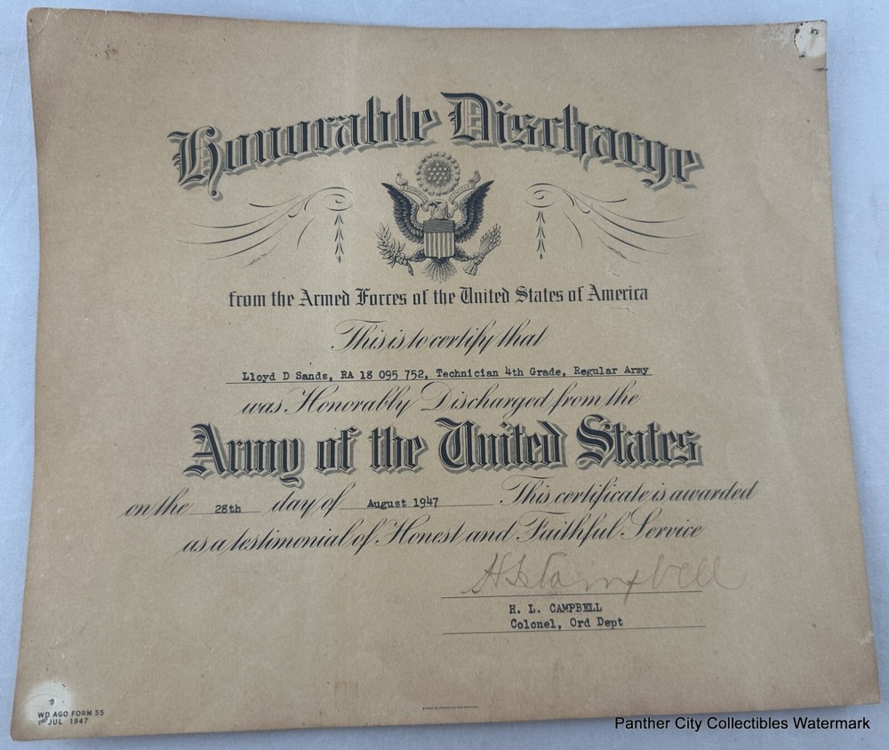 Post WWII Document 1947 Honorable Discharge Technician Army Lloyd D Sands