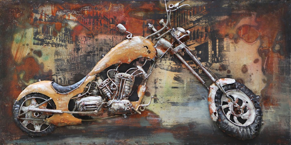 Motorcycle Wall Sculpture Mixed Media Iron Hand Painted Dimensional Wall Artwork