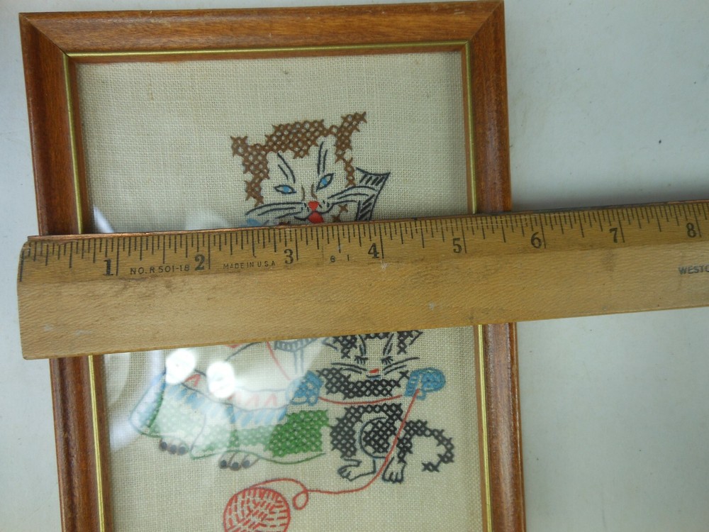 Vintage Cross Stitch Cats Knitting Framed Needlepoint Kitten