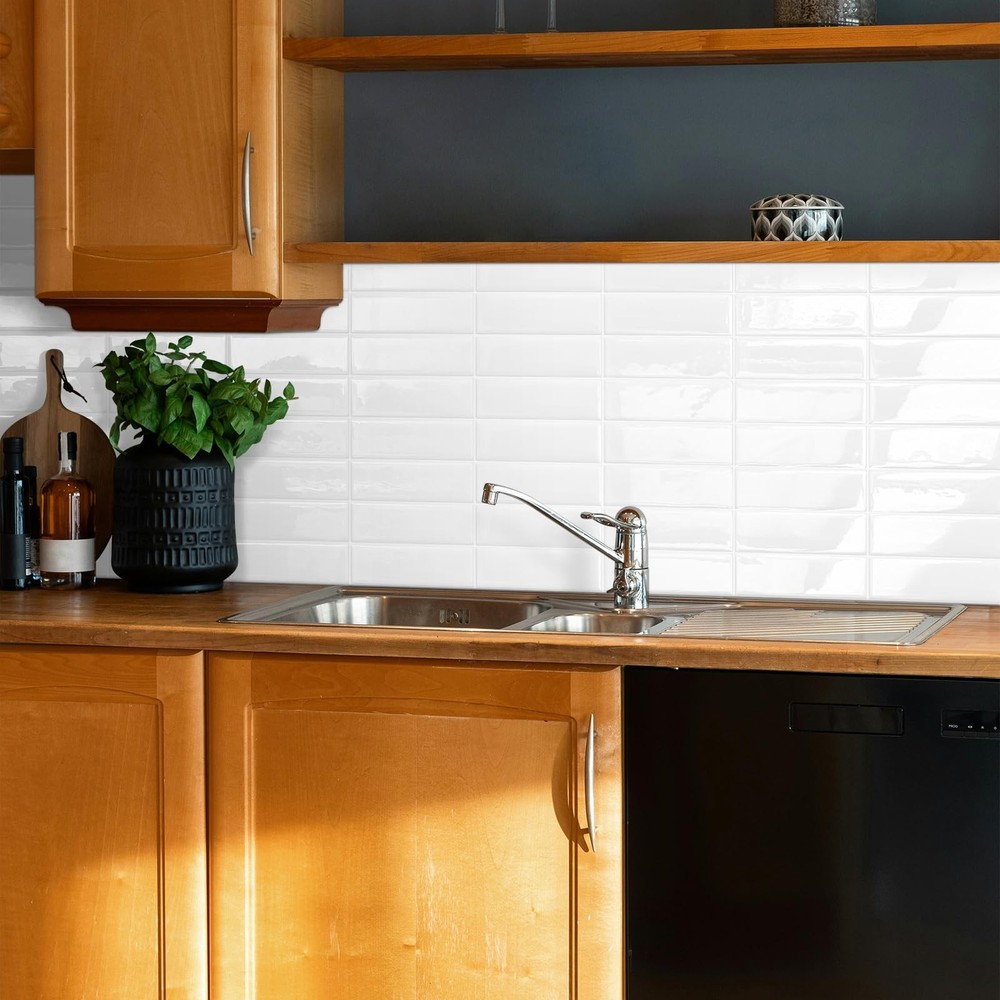 Plain White Peel and Stick Backsplash Tile Rectangle Subway Self Adhesive Wal...