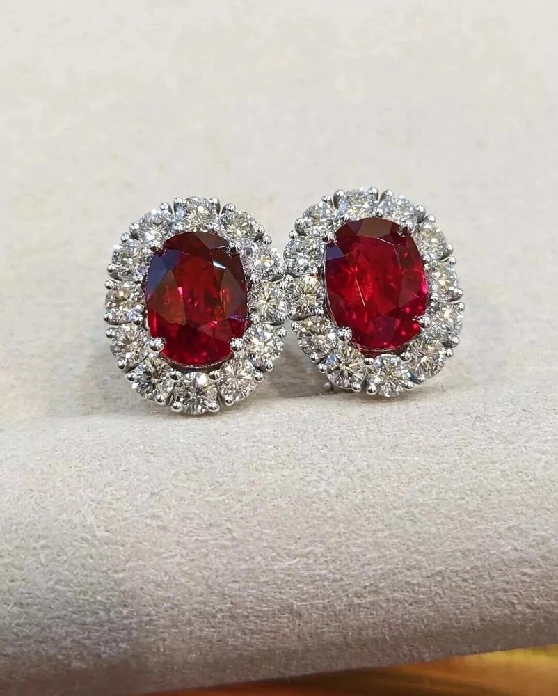 Oval Cut 6.40 Ct Natural Ruby Diamond Lovely Earring Stud 14K Solid White Gold
