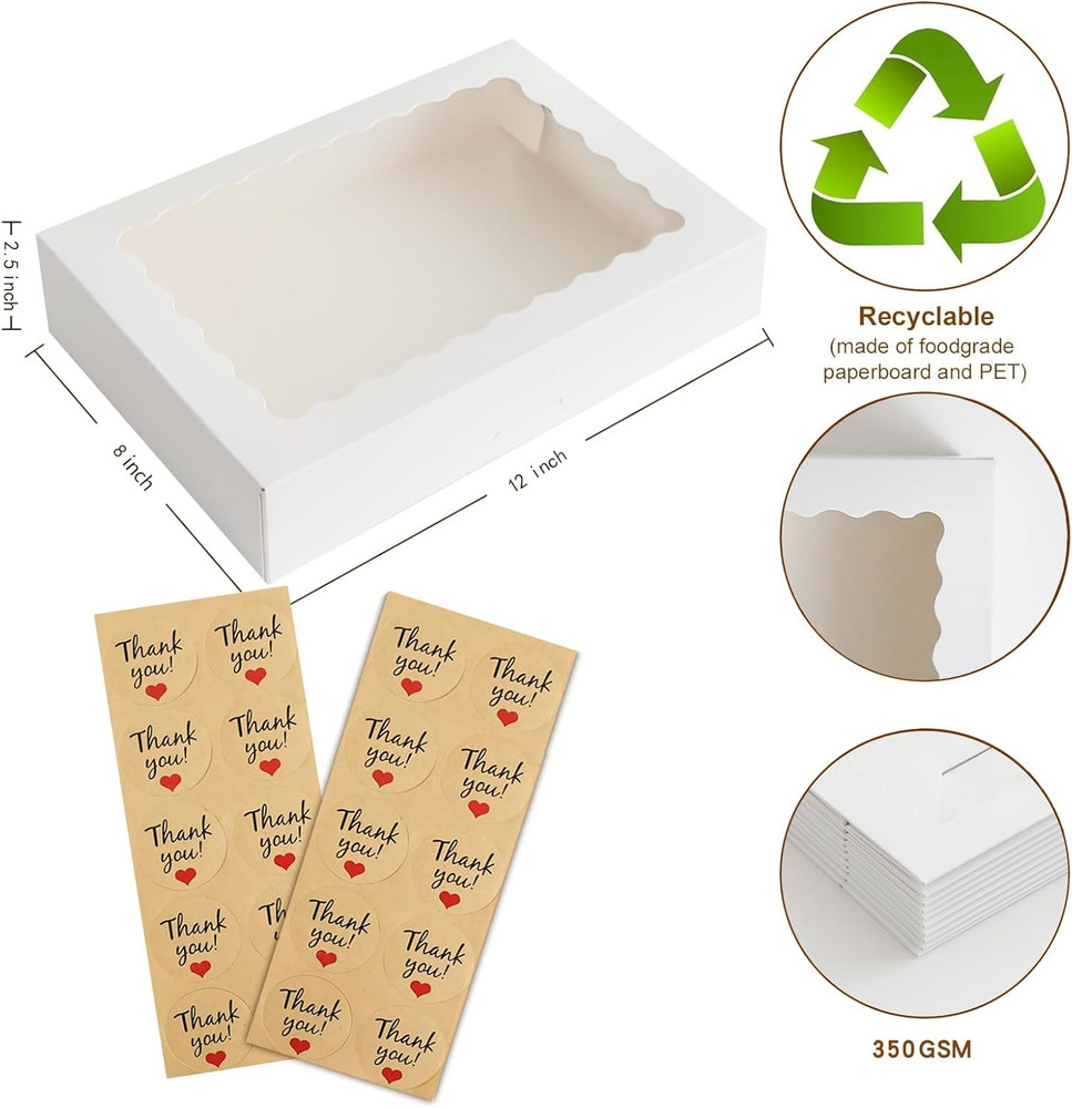 20-Pack Auto-Pop Baking Boxes Large Size 12 X8 X2.5 White Cookie with Window