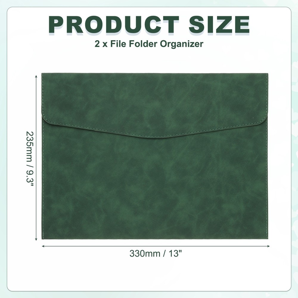 PU Leather A4 File Folder, 2Pcs Document Holder Filing Organizer, Green
