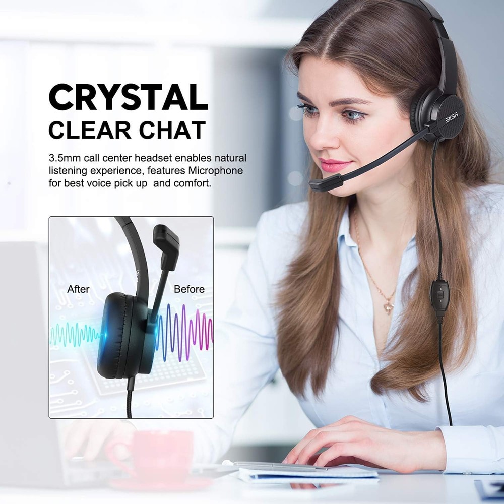 EKSA Headset with Microphone for PC, 3.5mm Wired Computer Headsets with Volume &