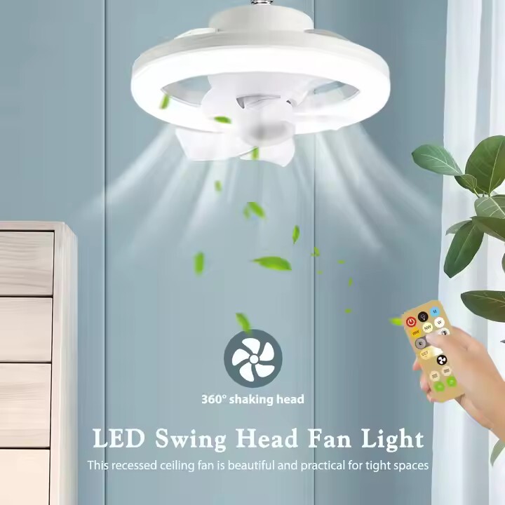 2 In 1 E27 Ceiling Socket Fan 48W with Dimmable LED Light Remote Control 3 Speed