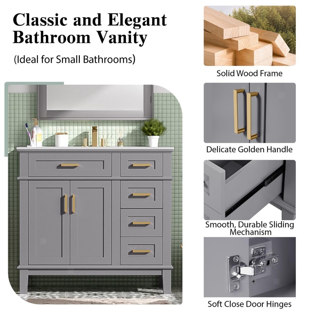 36" Gray Modern Bathroom Vanity with Ceramic Sink, Soft Close Doors, 4