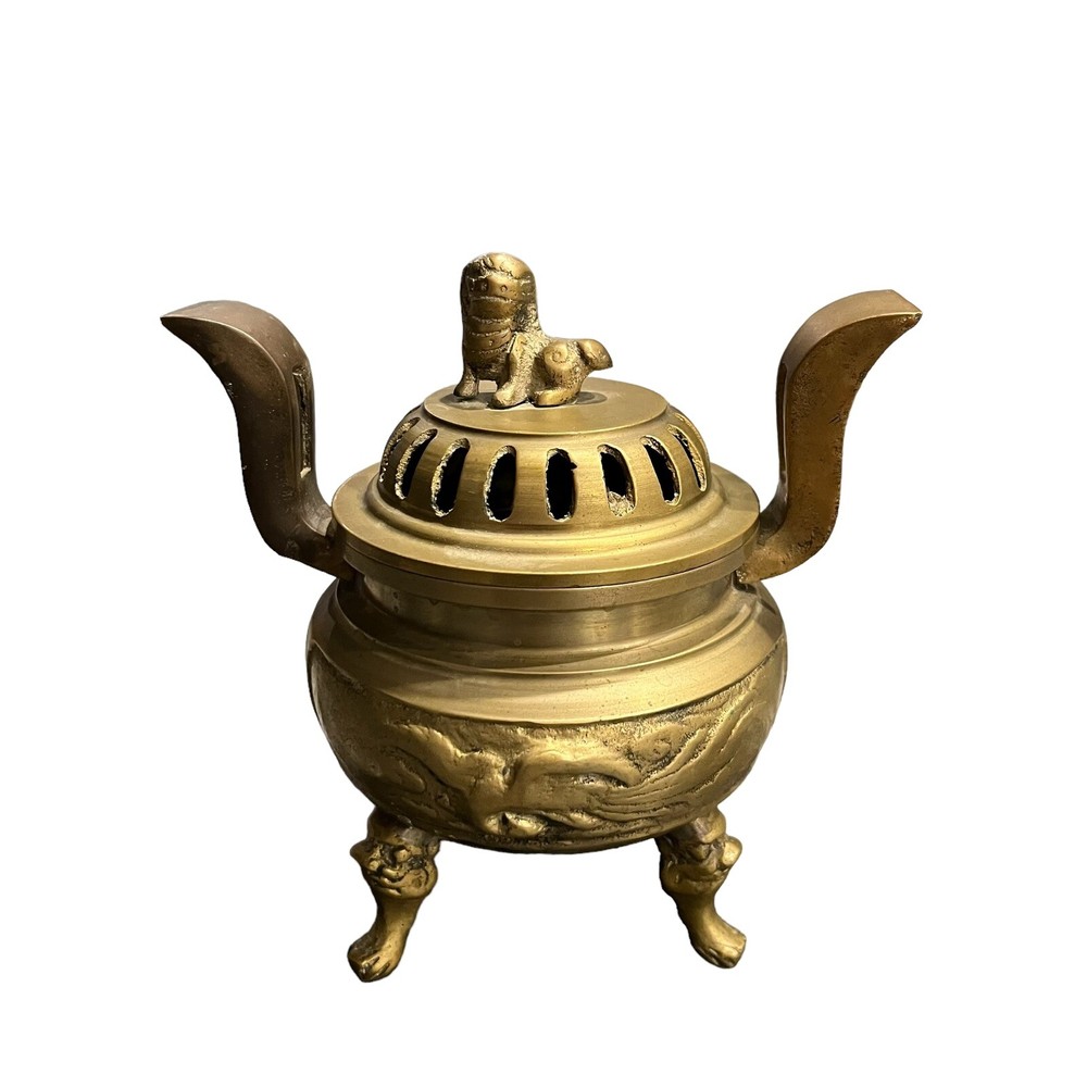Solid Brass Incense Burner Foo Dog Finial