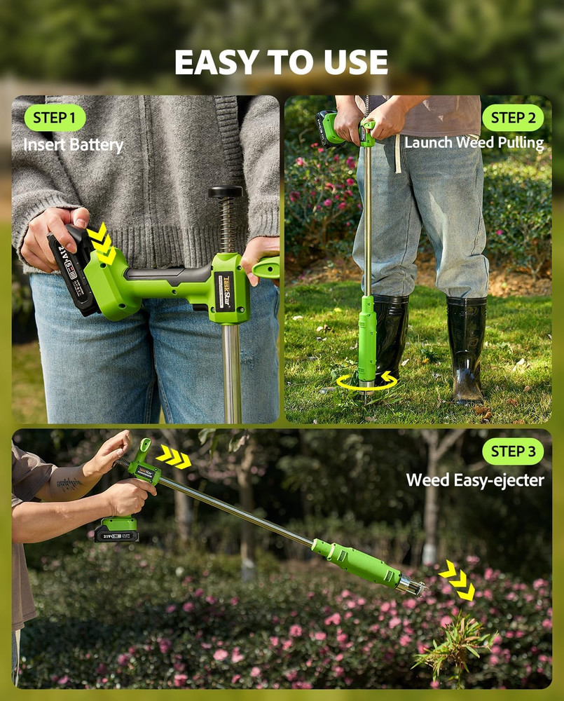 Electric Weed Puller Tool: 21V Battery Powered W/ 2Pcs 2000Mah, Heavy Duty 3-Cla