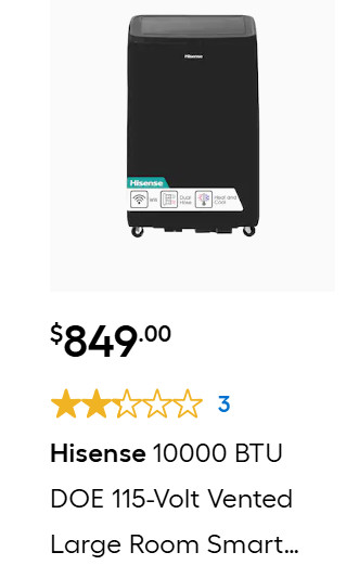 Hisense 10000 BTU DOE 550Sq ft Wifi enabled Portable Air Conditioner With Heater