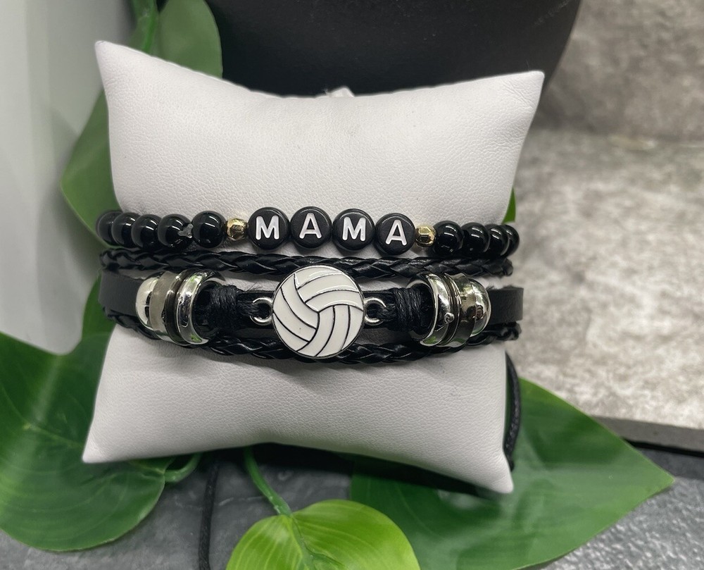 2 PC Volleyball Mama Bead PU Leather Bracelet Stackable Adjustable Tie New B3117