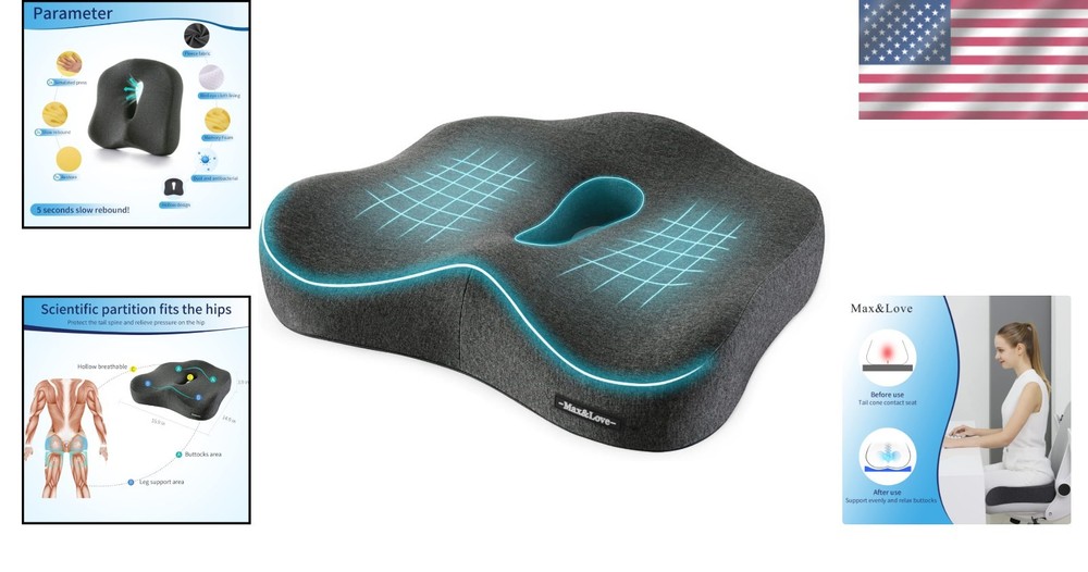 Dark Gray Memory Foam Chair Cushion, Sciatica Relief/