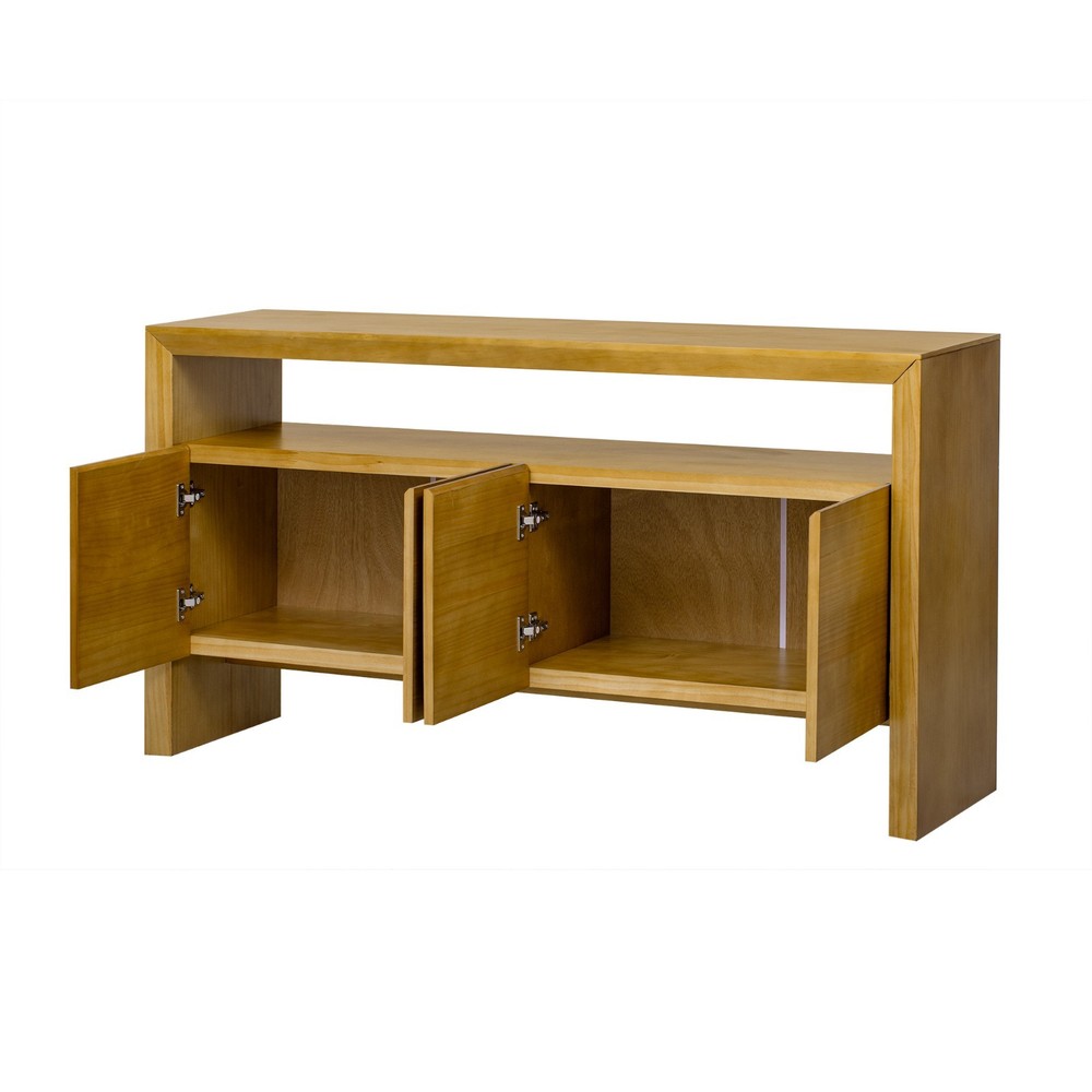 60" Modern Minimalist Solid Wood Veneer Sideboard (4 Doors+Open Shelf, Natural