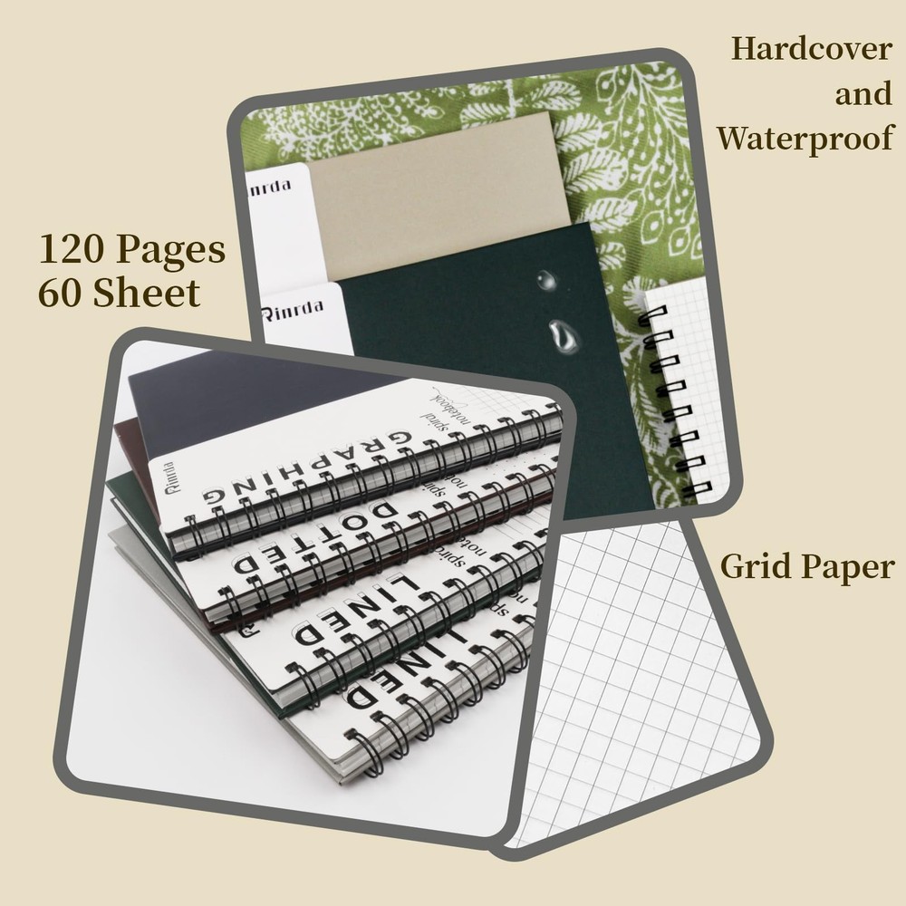 Rinrda Graph Paper Notebook Spiral 8.5" x 11"-4 Pack Grid Mult-color