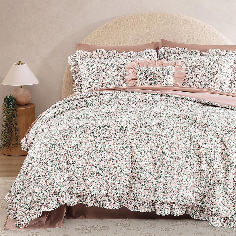 BLOOMHAVEN Queen Comforter Set - 7 Pieces Ruffle Pink Ditzy Bedding Sets, Sha...