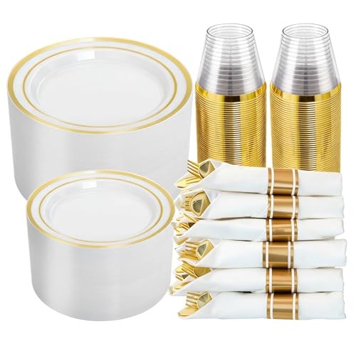 350PCS Plastic Dinnerware Set for 50 Guests, Include: 50 Dinner Plates, Gold