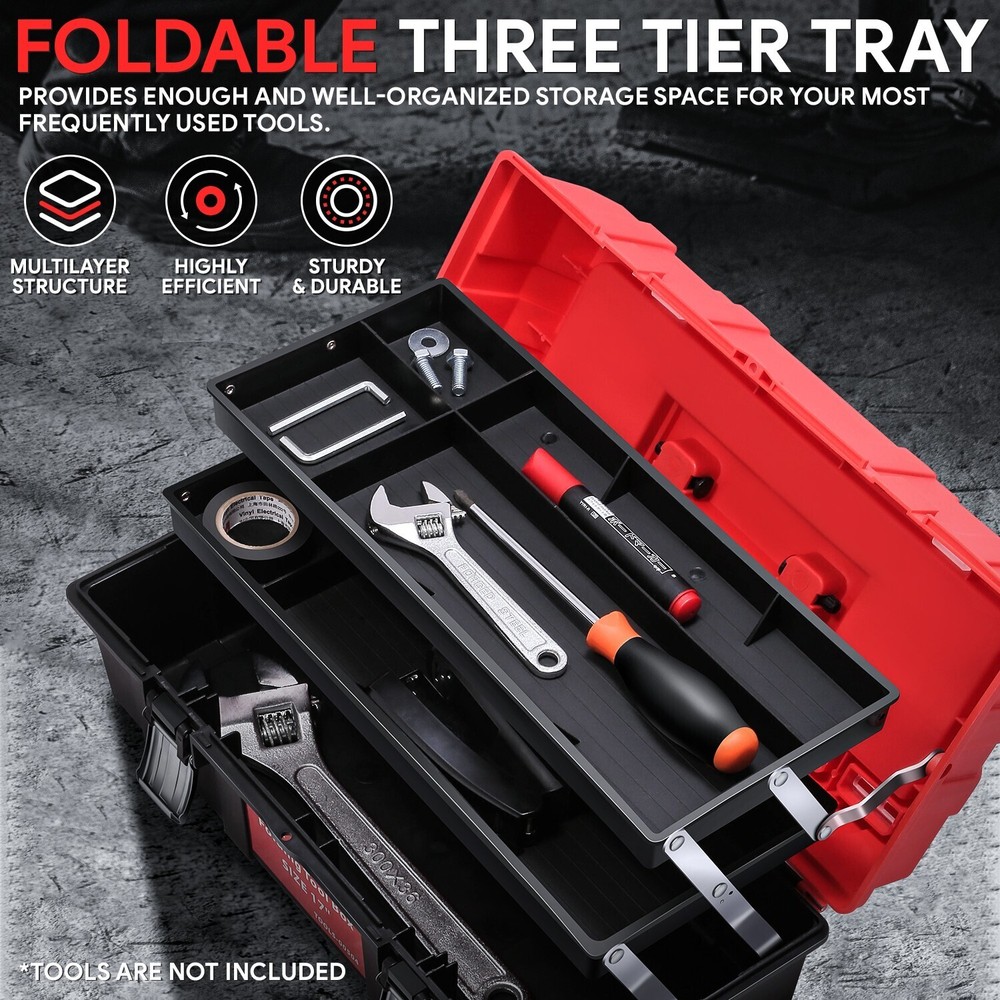 Workshop Garage Lockable 17" 3-Drawer Plastic Tool Box Organizer Storage Red