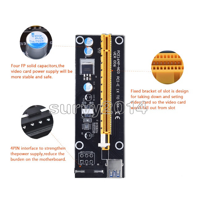 USB 3.0 PCI-E Express 1x To 16x Extender Riser Card Adapter Power Cable 50cm