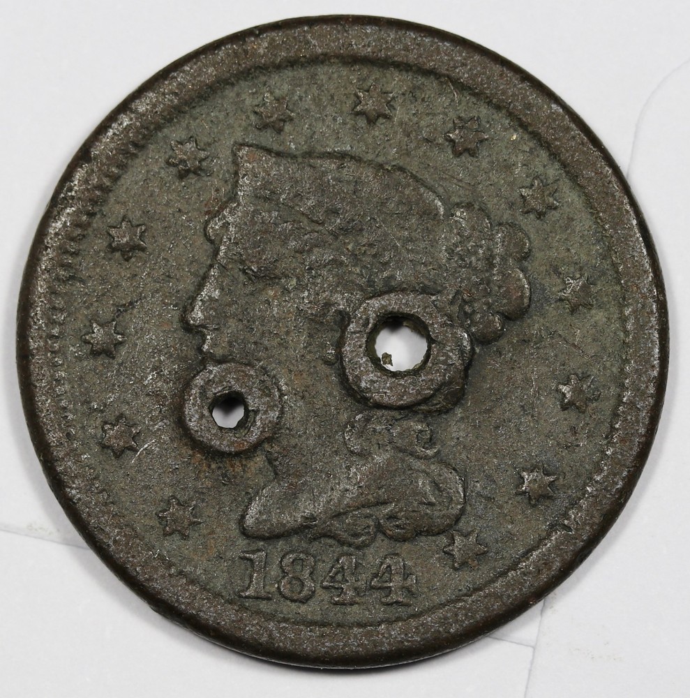1844 Large Cent.  Double Holed.  212592