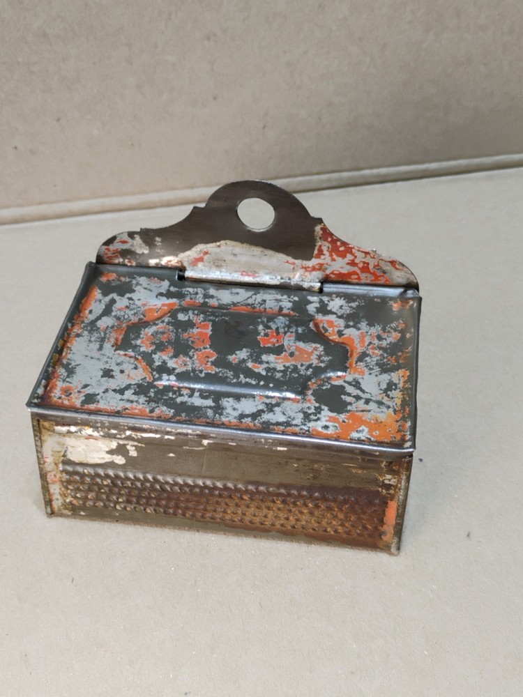 Antique Primitive Wall Mount Tin Match Safe Box w/ Striker Front
