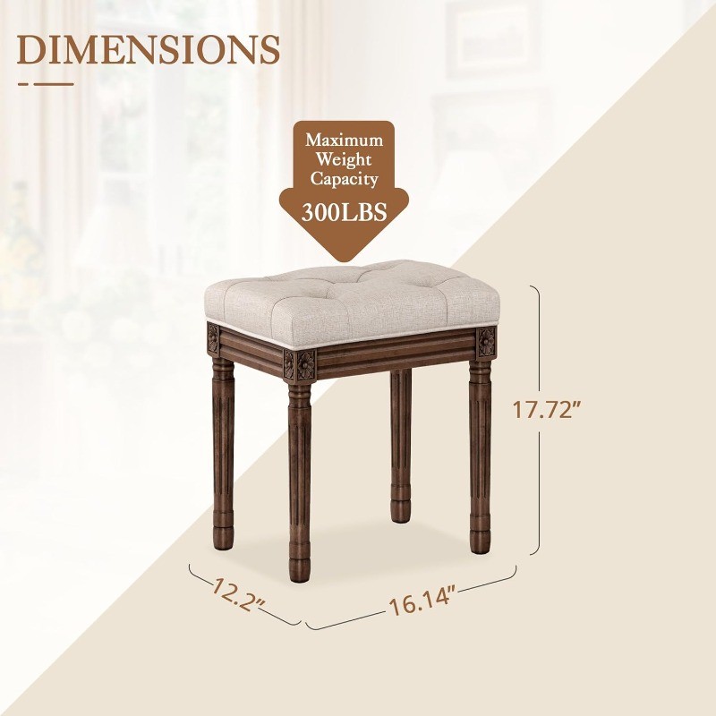 Upholstered Fabric Vanity Bench Seat, Makeup Stools for Vanity, Square Tufted
