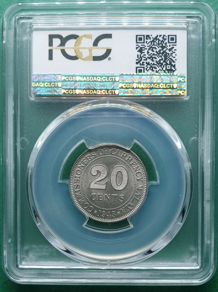 1943 MALAYA 20 CENTS SILVER PCGS MS64