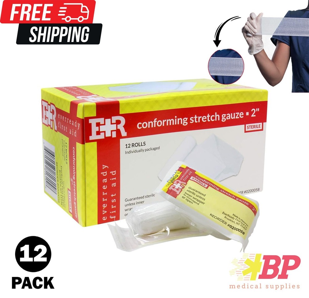 Ever Ready First Aid Sterile Conforming Stretch Gauze Roll Bandage 2" - 12 Pack