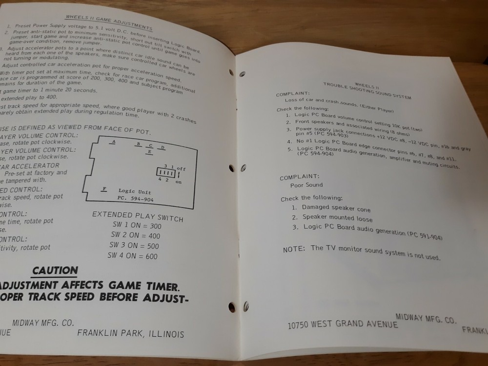 Original Midway WHEELS 2 Arcade Machine Game PARTS CATALOG