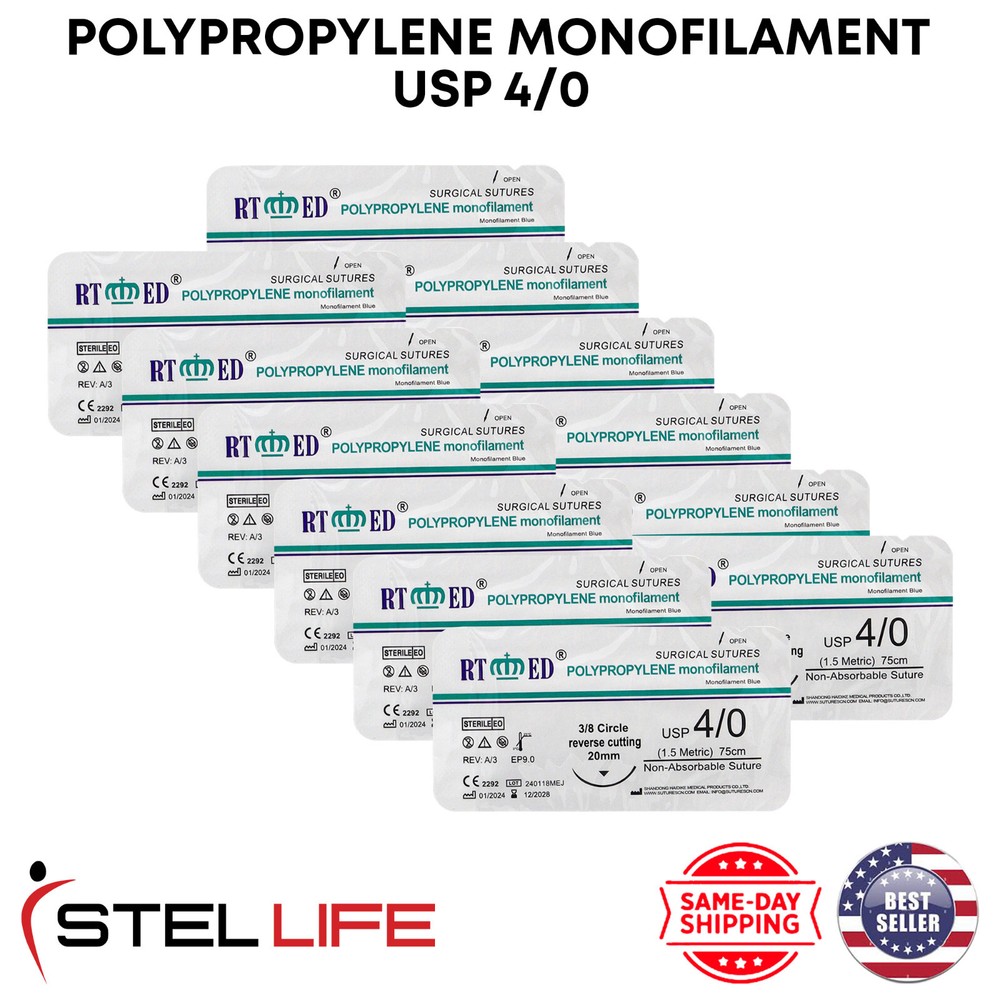 4/0 Polypropylene Suture Threads with Needle Pack of 12 Sterile Practice Suture