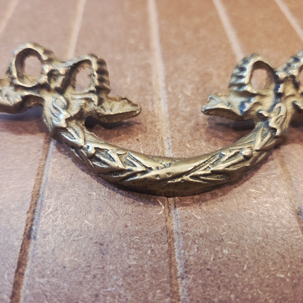 Antique ~ Cast Brass Drawer Pulls Rigid bale with bows -NOS