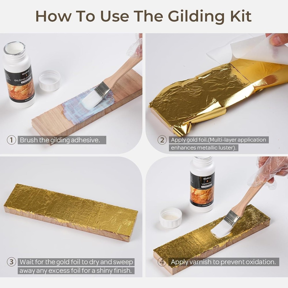 Eco-Friendly Gold Leaf Adhesive Kit with 100 Sheets & Easy Application Tools