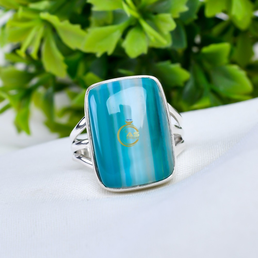 Blue Banded Agate Ring Blue Stone Ring 925 Sterling Silver Statement Boho Rings