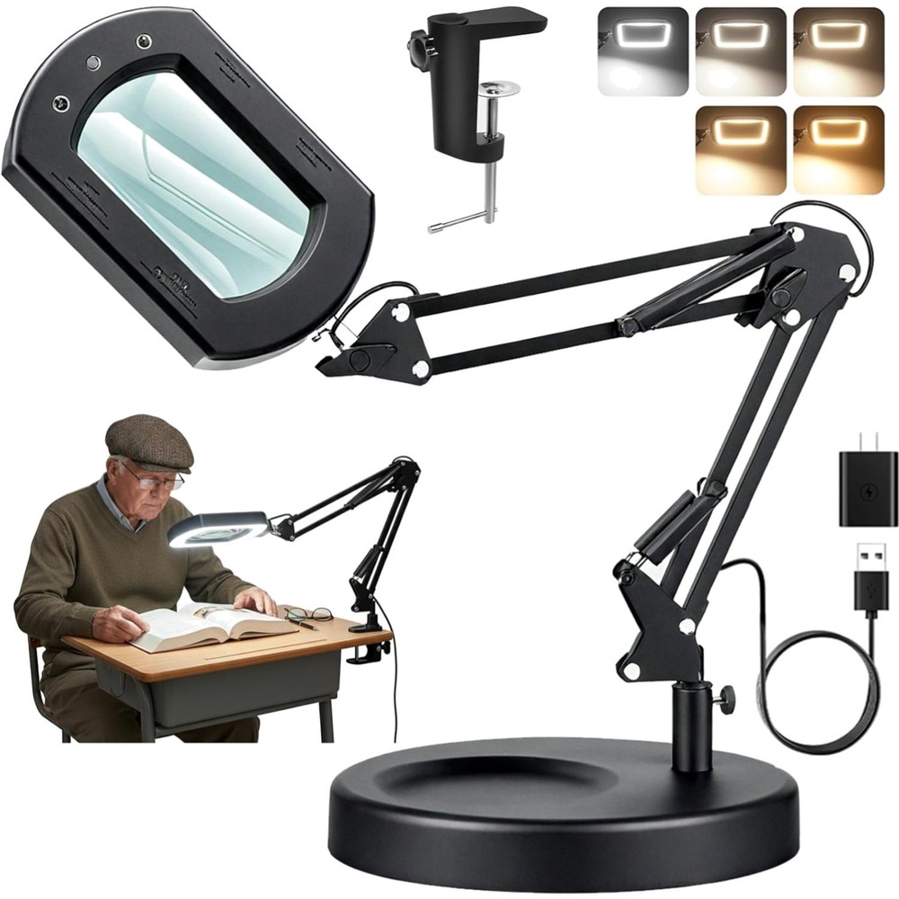 10X 30X Lighted Magnifying Glass with Stand & Clamp, 7" Large Rectangular