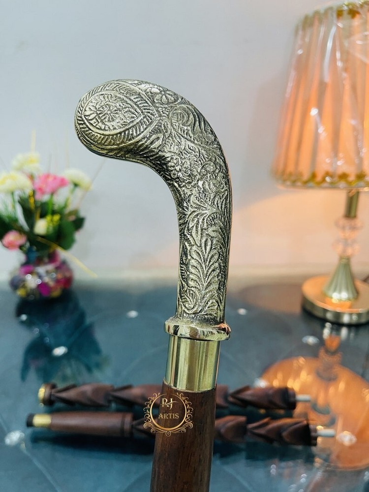 Solid Brass Designer Embossed Head Handle Brown Engraved Wooden Walking Stick