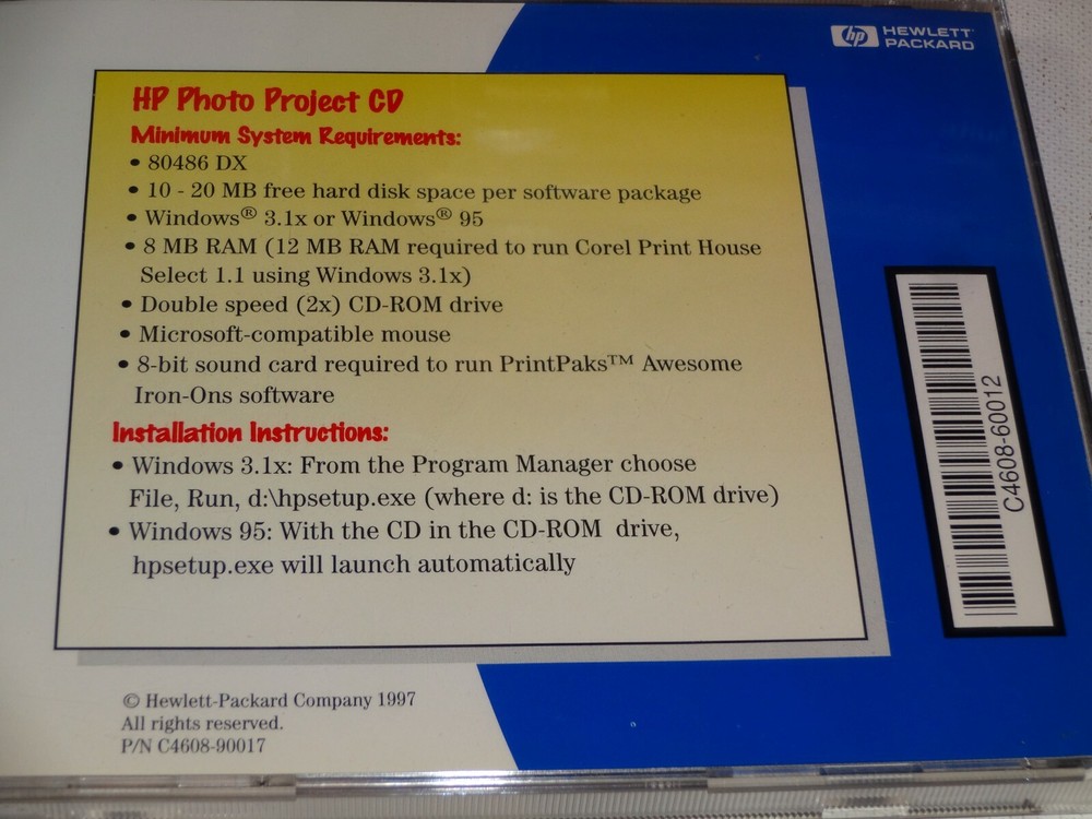 PC CD-Rom HP PHOTO PROJECT (1997 Hewlett-Packard)Win95