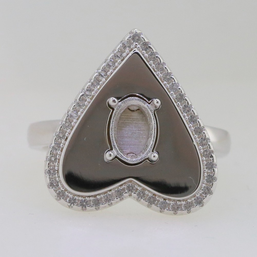 Solid Sterling Silver Semi Mount Ring Setting Oval OV 7x5mm Heart Halo