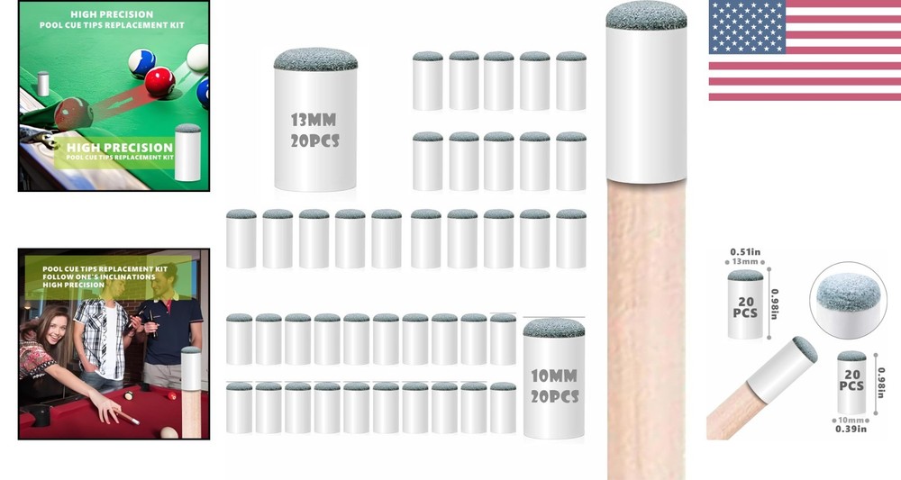 Textured Replacement Pool Stick Tips - 40pcs Leather, 10mm & 13mm